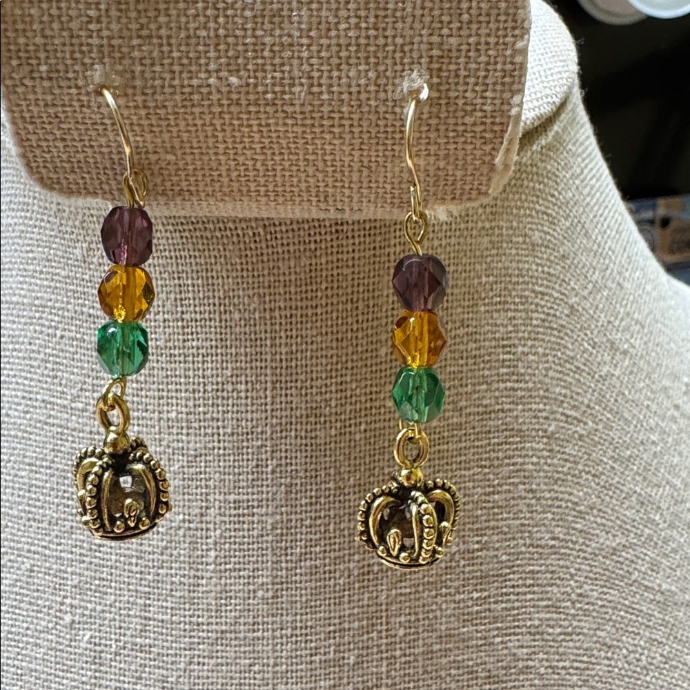 Mardi Gras colored beads & Gold Crown Drop Earrings handcrafted  2/$22 - Picture 6 of 6